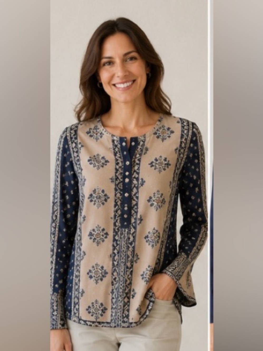 Country Girl Boho Tunic Mixed Paisley Print Blue & Cream Top Size Med By AEO.
